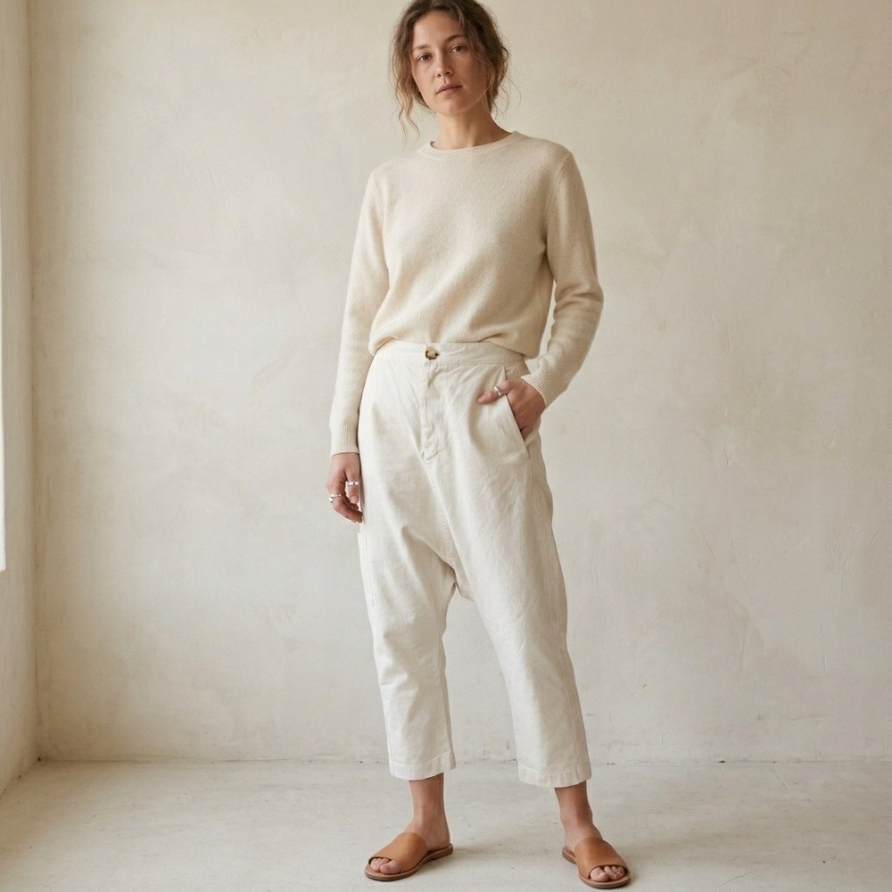 Pietsie Womens Pants Small Off White Drop Crotch Harem Cotton Lagenlook